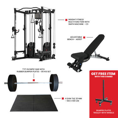 Heavy Duty Gym Tile 20 MM -100 x 100 CM x 4 Adjustable Bench A8007 7 Ft Olympic Bar with Rubber Bumper Plates - 80 KG Set Insight Fitness Multi Function Machine - C3